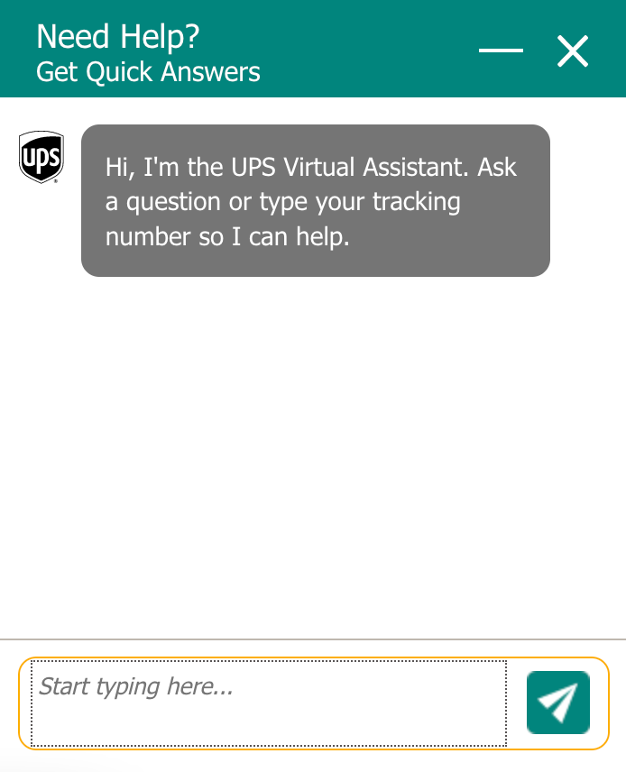 The popup for the UPS chatbot which allows you to ask basic questions and receive answers.