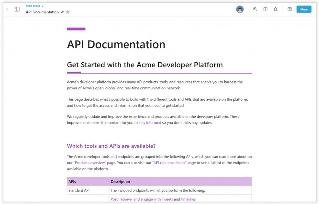 The documentation is an article about "Get started with the Acme Developer Platform". There are purple highlights to make certain words more eye-catching. 