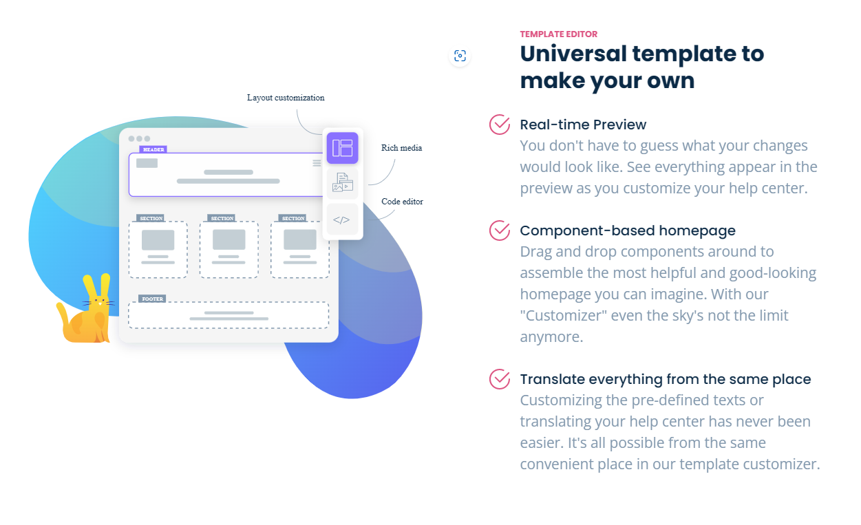 The Help Center's incredible template is fully customizable to suit your brand and provides a fantastic start to content creation.