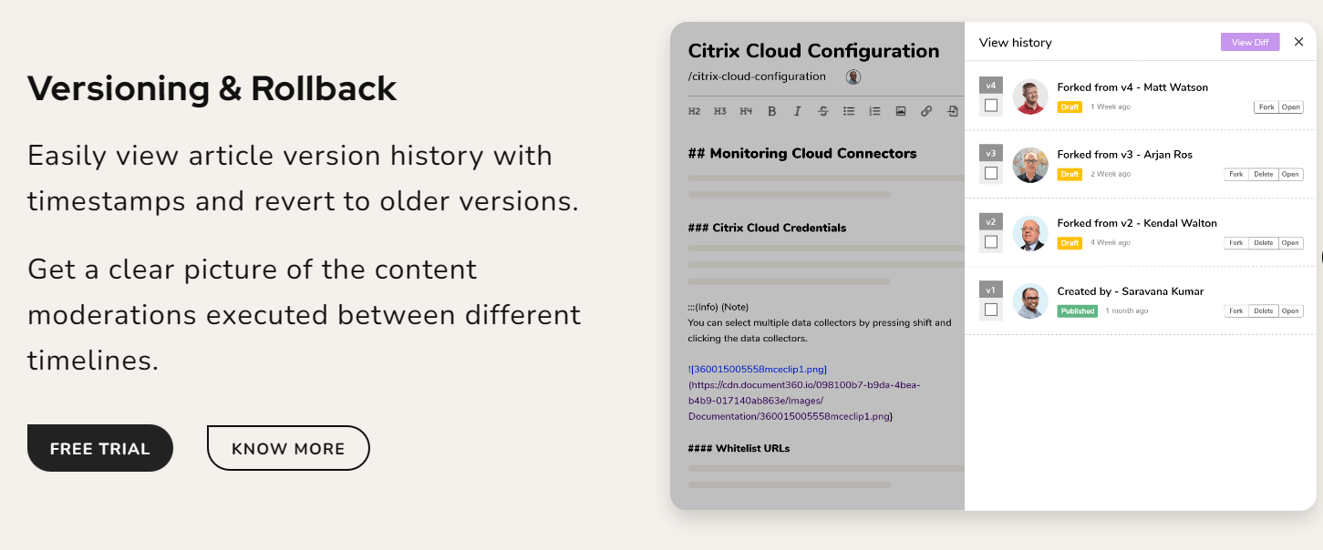 An infographic showing how Document360 allows you to revert to older versions of a document.