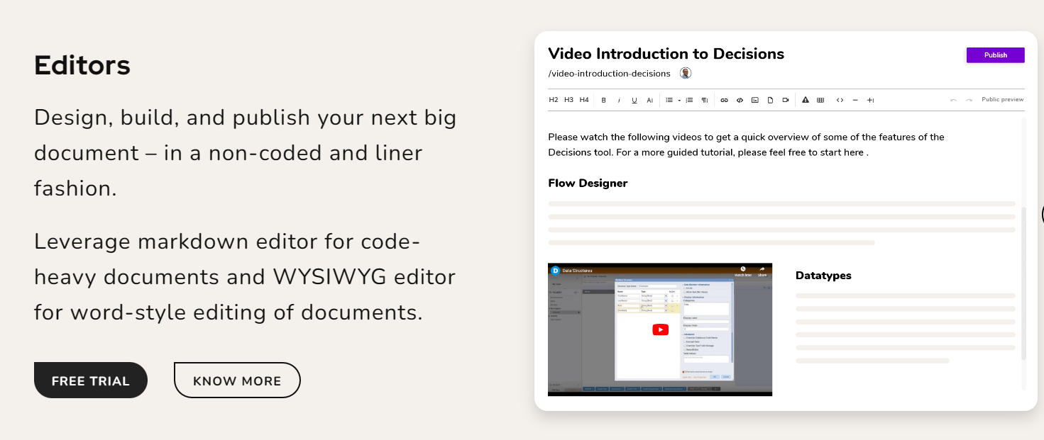 An infographic highlighting the two different editors that Document360 uses, WYSIWYG and markdown.