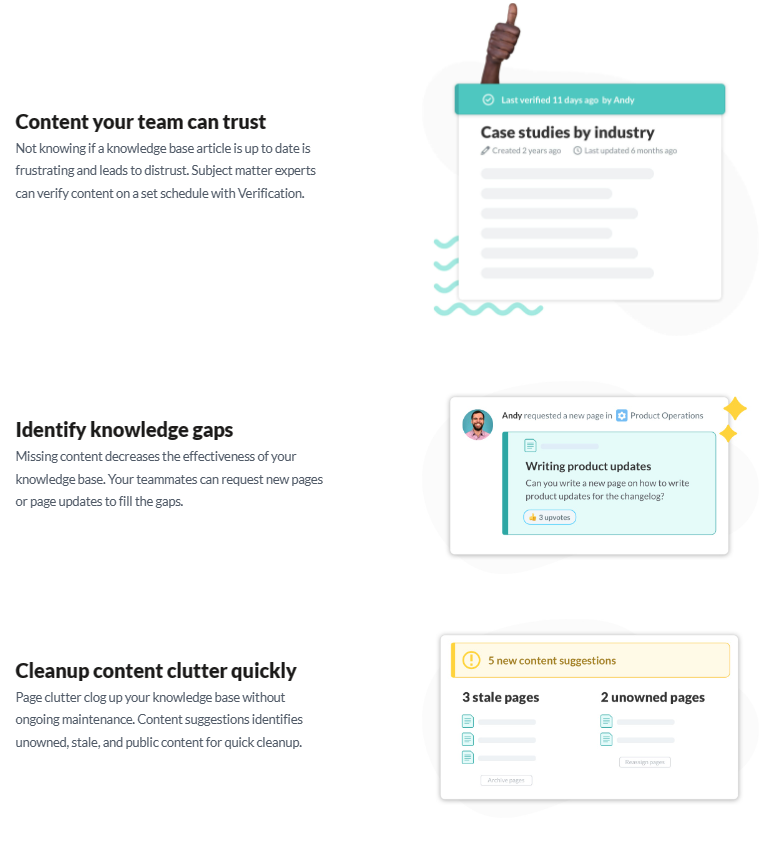 An infographic explaining the three different types of  knowledge management tools, verification, knowledge gap locater, and clean up.