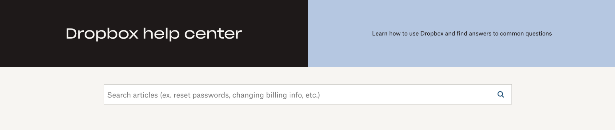 The search bar has a prompt that says "Search articles (ex. reset passwords, changing billing info, etc.)