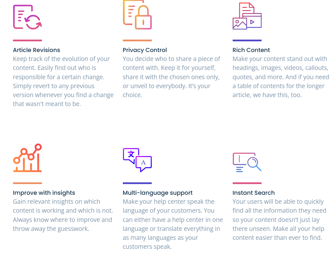 An infographic that states the countless benefits of Help Center including article revisions, insights, access control, localization, and advanced search.