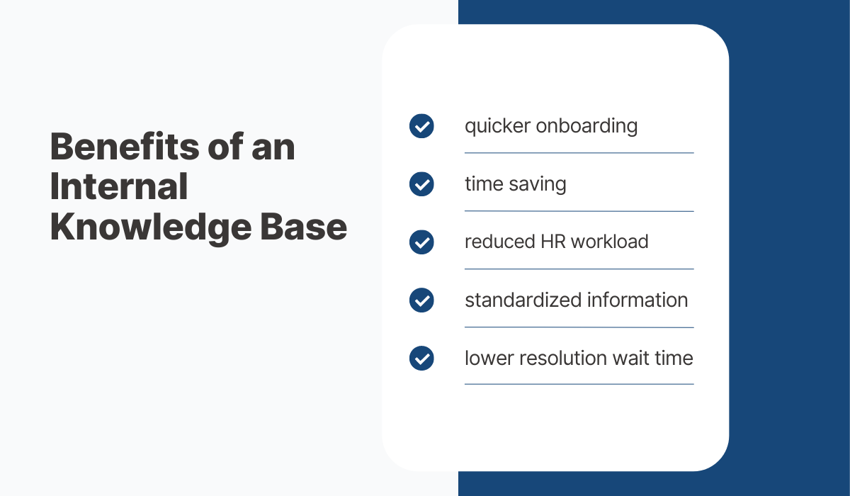 Benefits of having an internal knowledge base is displayed, including quicker onboarding, time saving, reduced HR workload, standartised information, and lower resolution wait time.