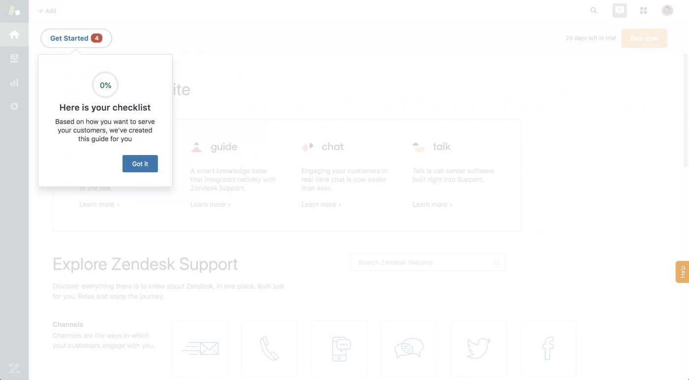 Desktop screenshot of Zendesk with a pop up saying "Here is your checklist", showing the percentage of how much of the list has been completed. 