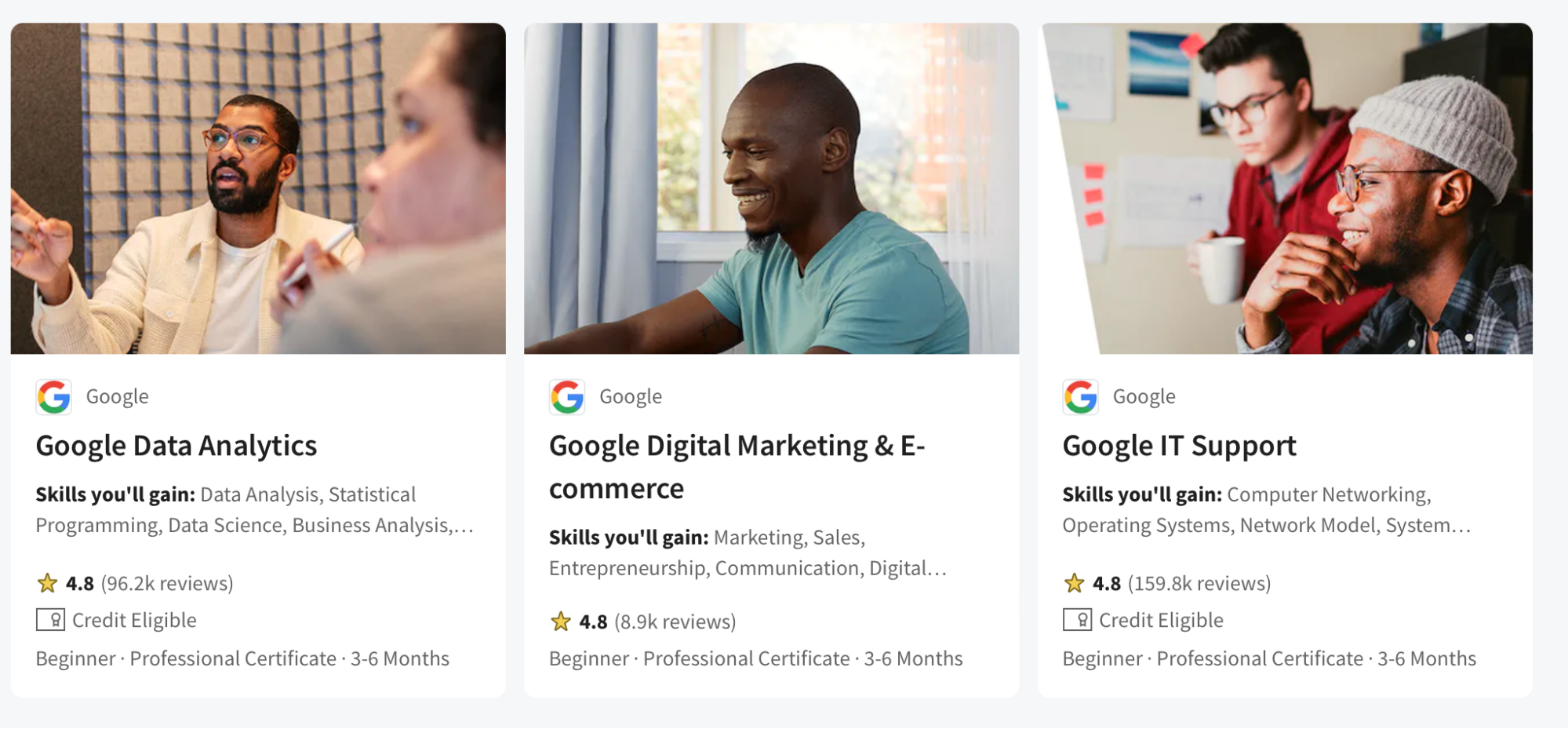 The Google-specific programs offered on Coursera include Google data analytics, Google digital marketing and e-commerce, and Google IT support.