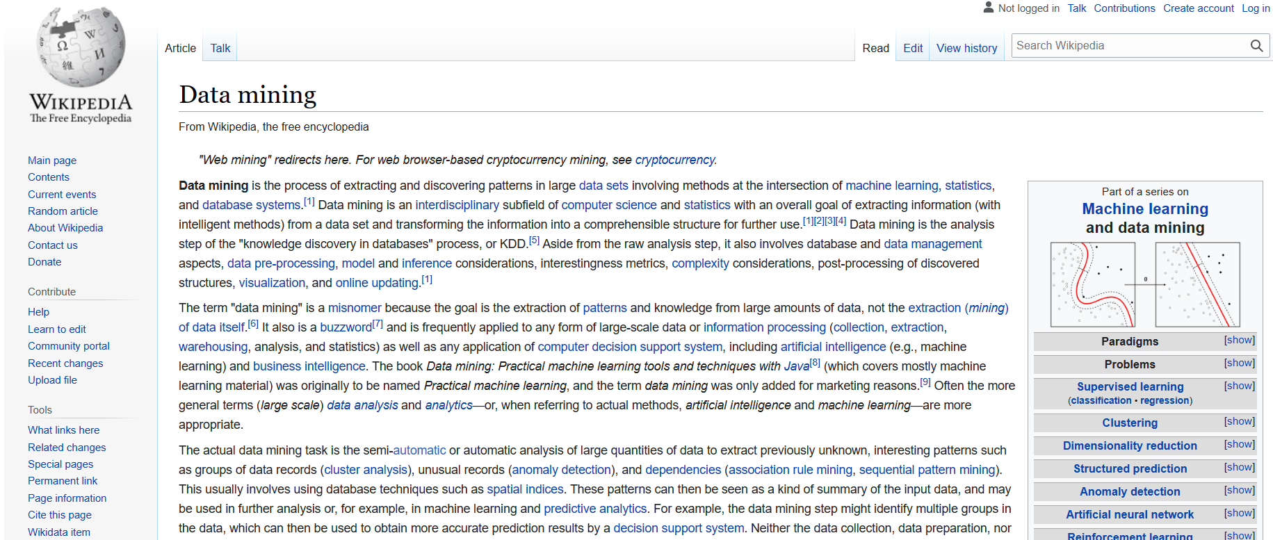 A screenshot of the 'data mining' wiki found on the most popular wiki platform, Wikipedia.