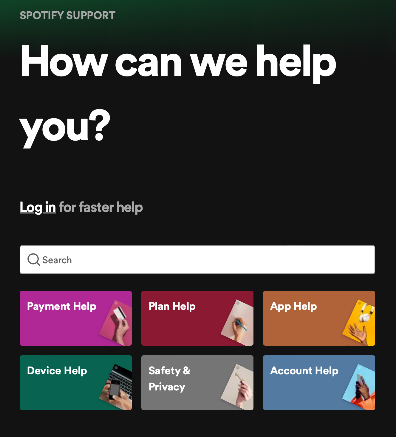 The page has a greenish-back background with the words "How can we help you?" at the top. There is a white space bar about half way down. Underneath that is 6 sections, such as "Plan Help" and "App Help". Each has a different colour and an image.