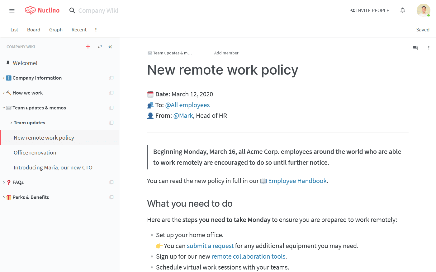 This documentation shows a "New remote work policy" and tells readers what they need to do. It is laid out with bullet points to make it more readable.