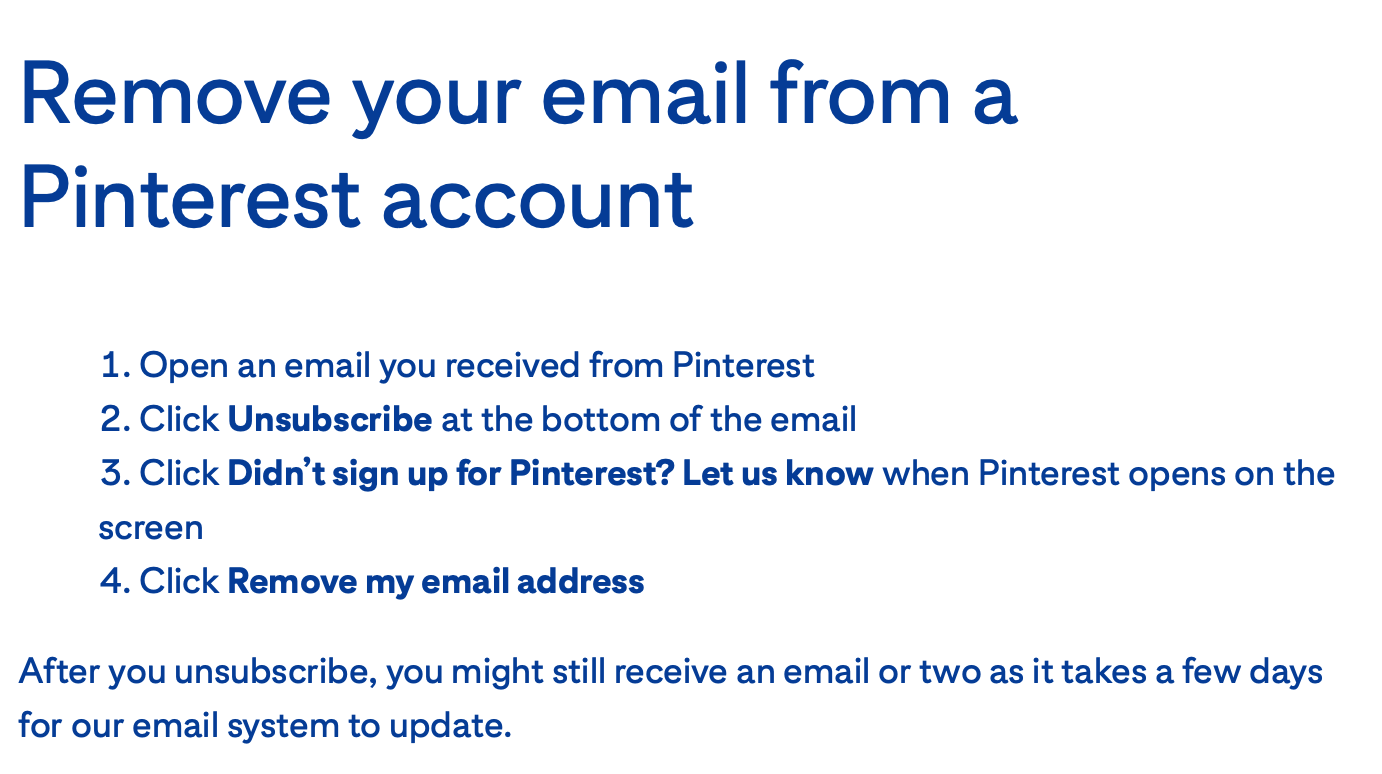 The image shows Pinterest's "Remove your email from a Pinterest account" article. The font is blue against a white background with no images.