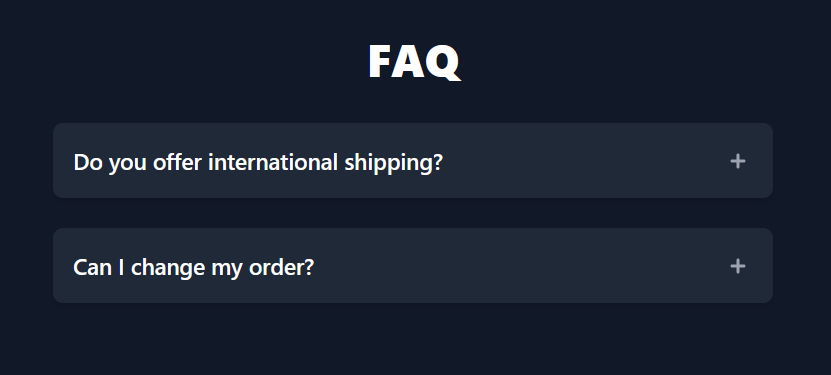 Dark-mode FAQ template — dark color-scheme question blocks with toggle icons