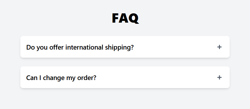 Light color-scheme FAQ template — question blocks with plus/minus toggle icons