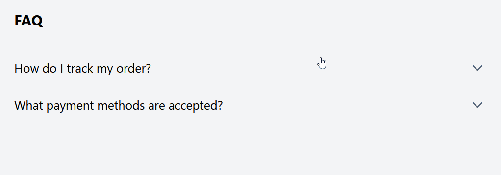 Animated FAQ template — accordion answers revealed with a slide-down animation