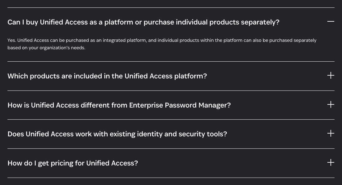 1Password pricing FAQ on a dark background: five questions about Unified Access, the first one open