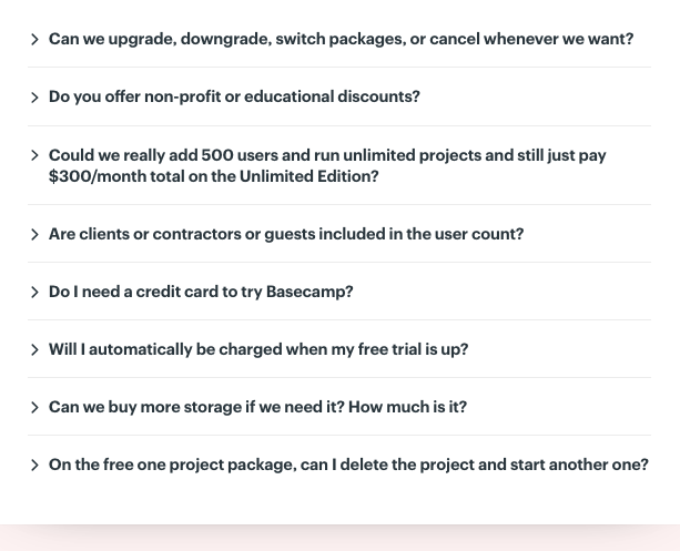 Basecamp pricing FAQ: eight questions in plain customer language, including whether 500 users really cost one flat price