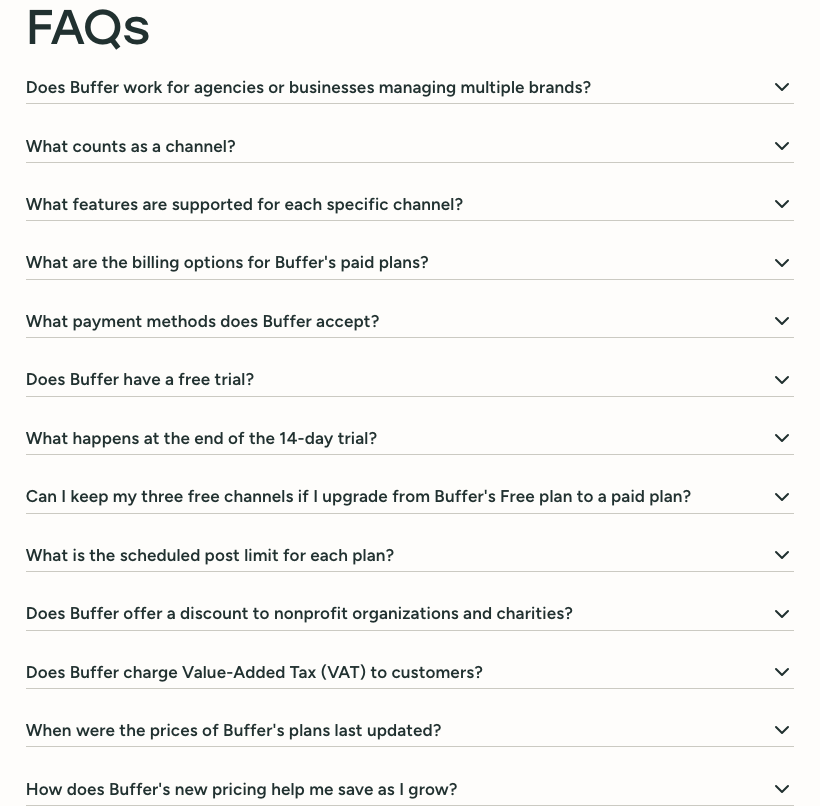 Buffer pricing FAQ: thirteen collapsed questions under the heading FAQs, from agencies to when prices last changed