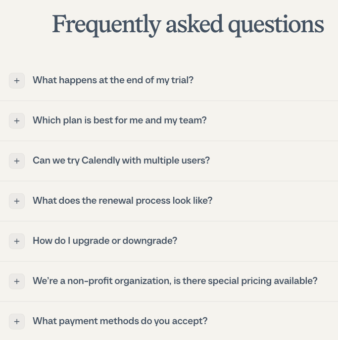 Calendly pricing FAQ: seven questions under Frequently asked questions, starting with what happens at the end of the trial
