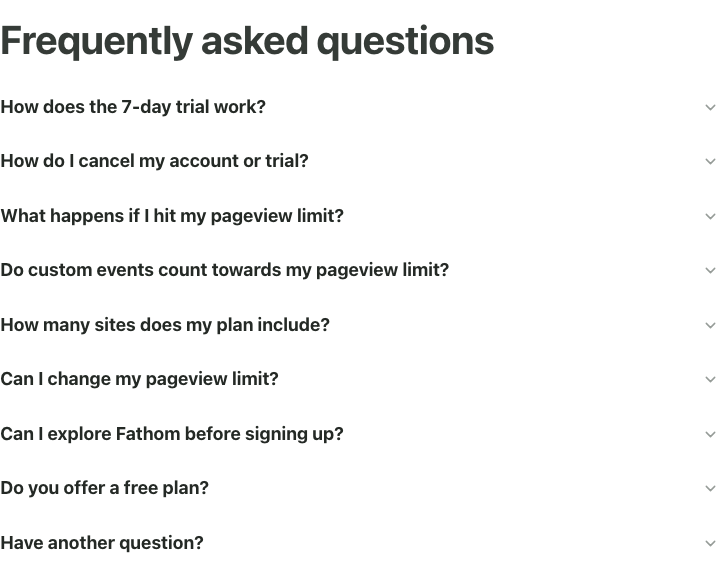 Fathom pricing FAQ: nine questions under Frequently asked questions, from the 7-day trial to Have another question?
