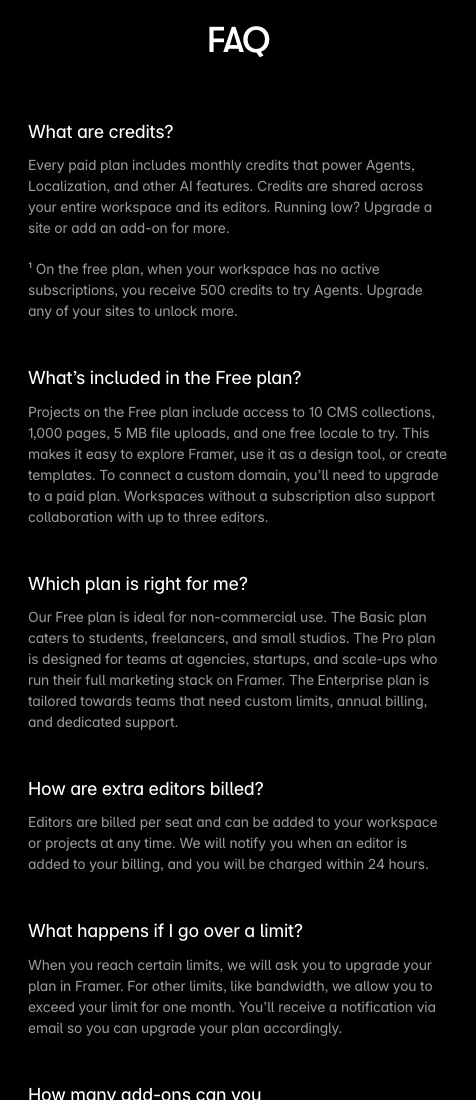 Framer pricing FAQ on a black background with every answer visible, starting with What are credits?