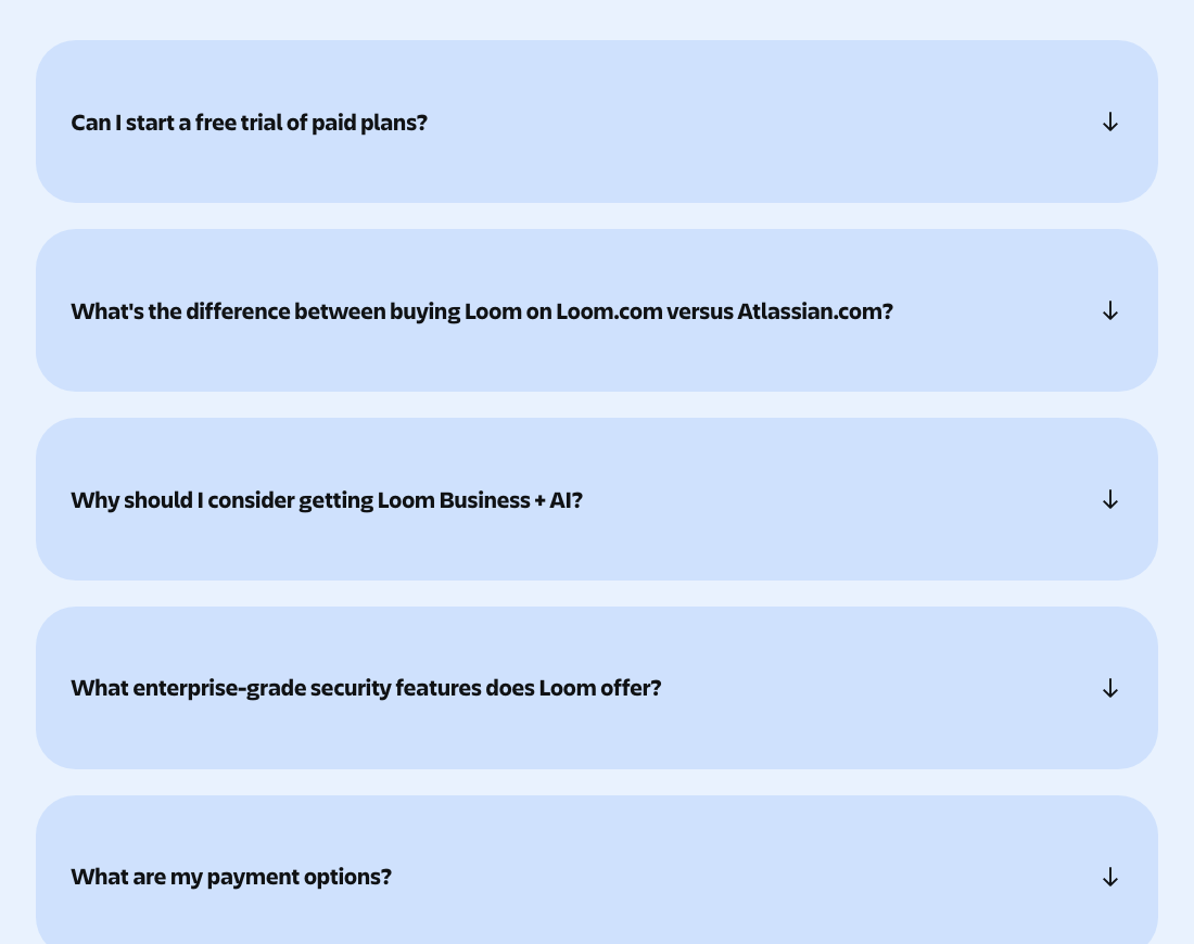 Loom pricing FAQ: large rounded question cards, including buying Loom on Loom.com versus Atlassian.com