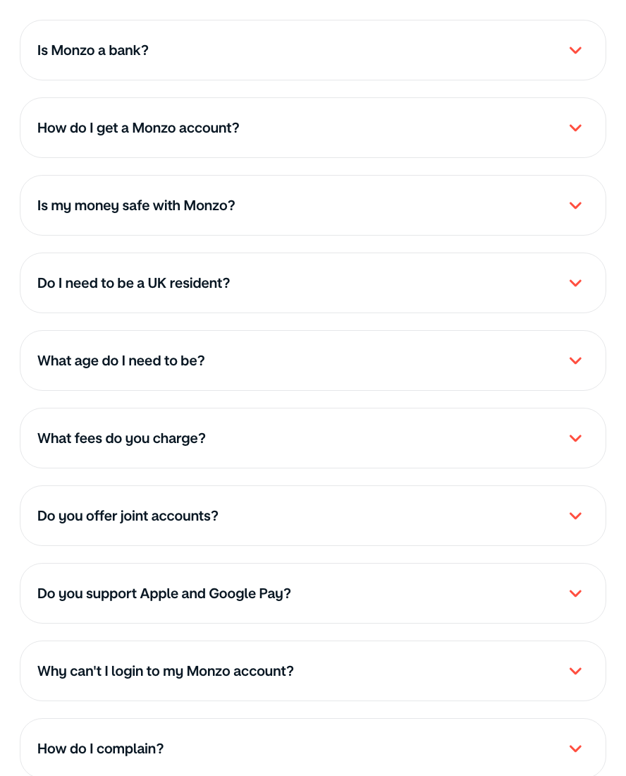 Monzo FAQ page: rounded question cards from Is Monzo a bank? to How do I complain?