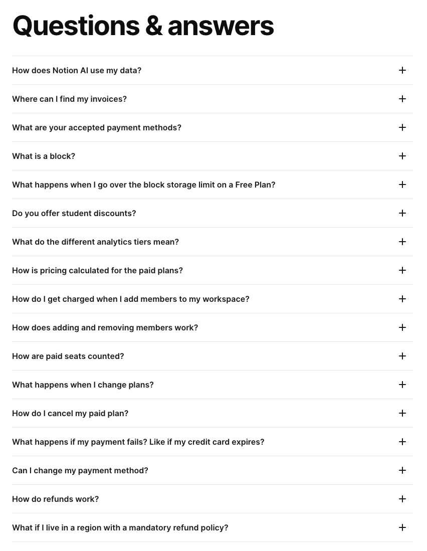 Notion pricing FAQ titled Questions and answers, a long list of collapsed billing and data questions