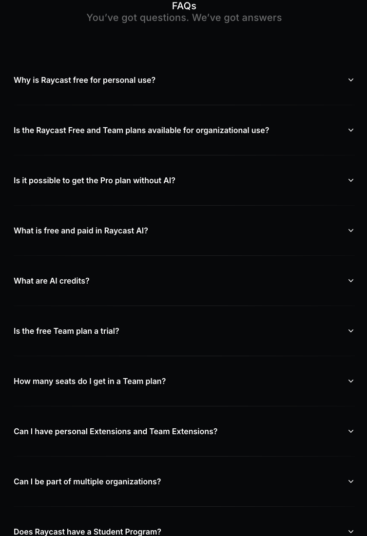 Raycast pricing FAQ on a dark background: questions on free personal use, organizational use and AI credits