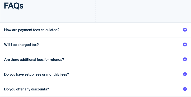 Stripe pricing FAQ: five collapsed questions about fees, tax, refunds, setup fees and discounts