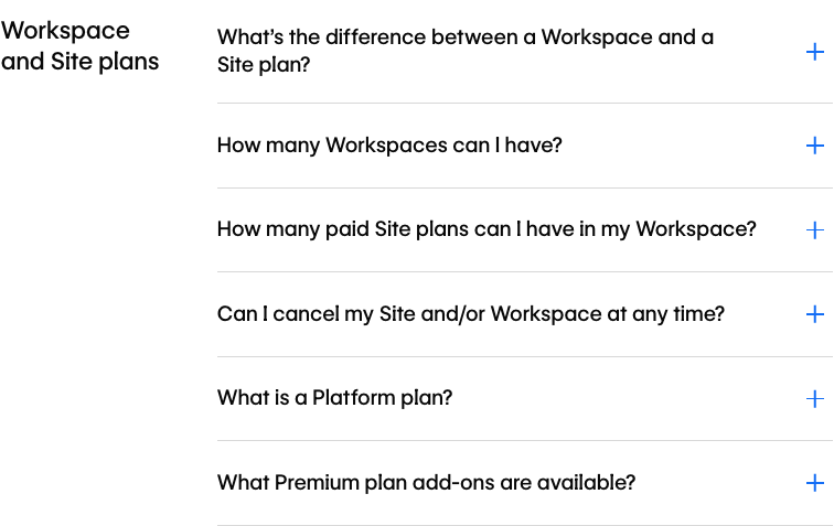 Webflow pricing FAQ: the Workspace and Site plans group with six questions beside its group title