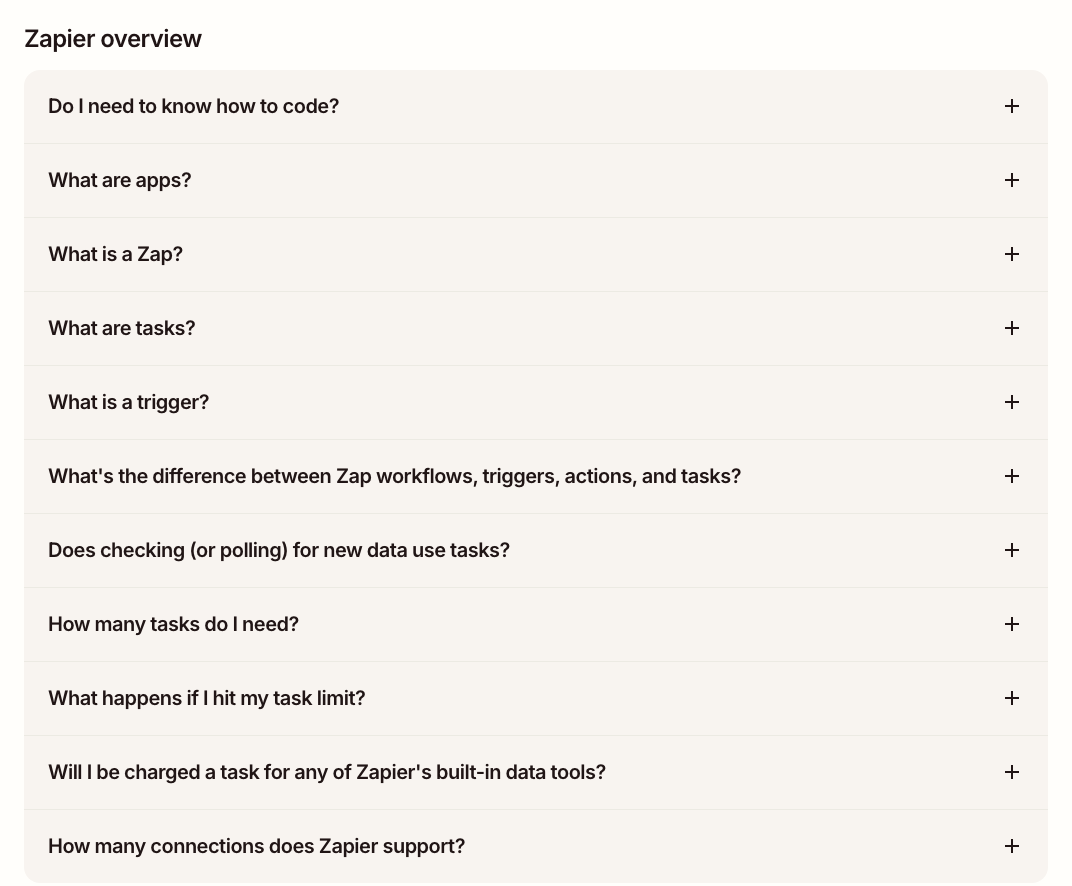 Zapier pricing FAQ: the Zapier overview group with eleven collapsed questions, from coding to connections