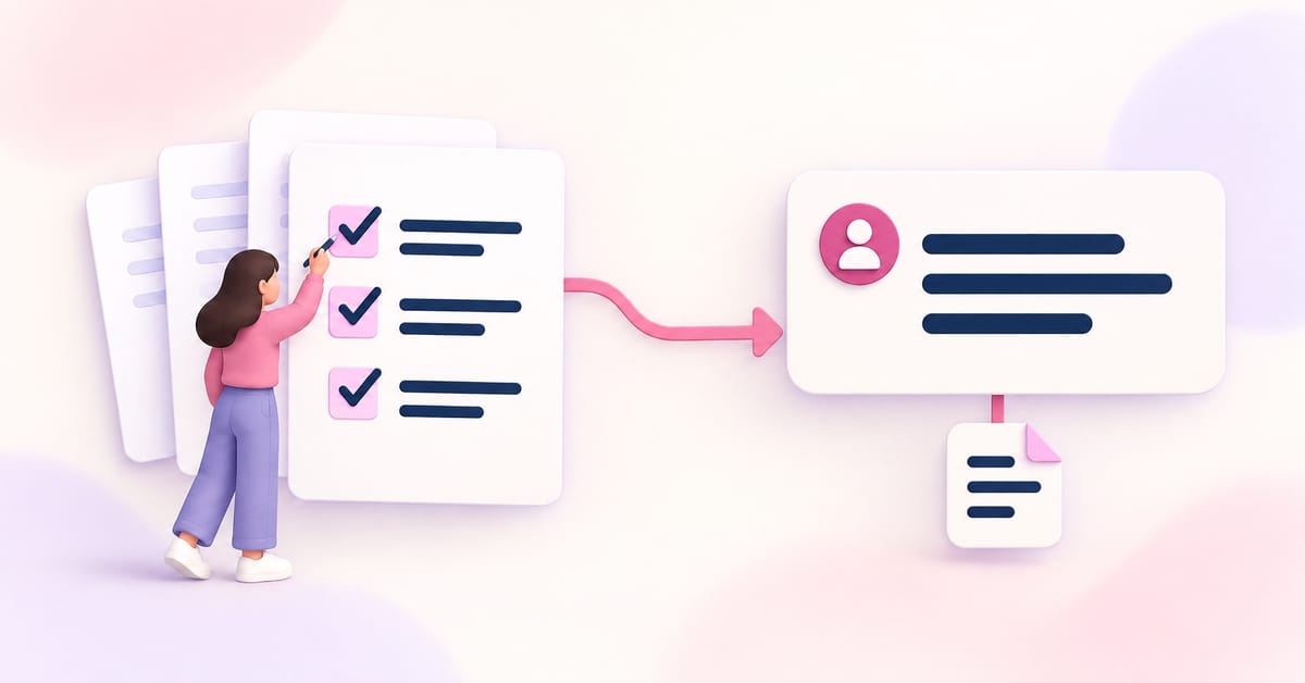 A person reviews a checklist of help articles connected to an answer and its source, in soft pink and lavender.