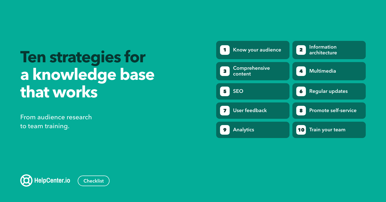 Numbered checklist of the ten strategies in the post, from knowing your audience to training your team