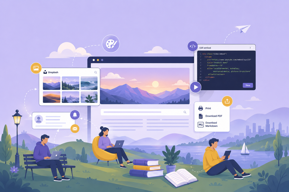 Release Note: Beautiful backgrounds from Unsplash, edit embeds in place, and let your readers take your articles anywhere