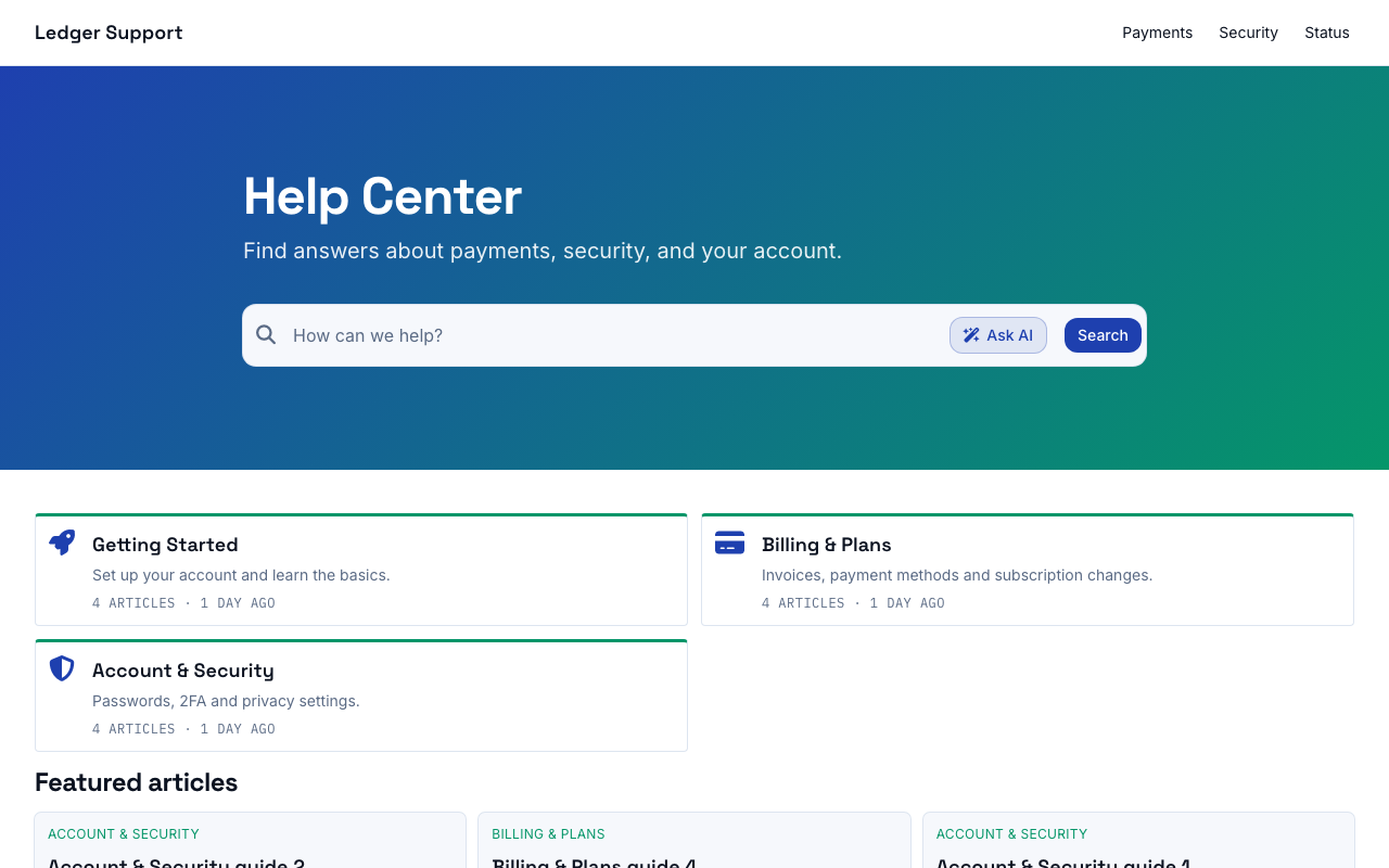 Ledger (Fintech) help center template preview