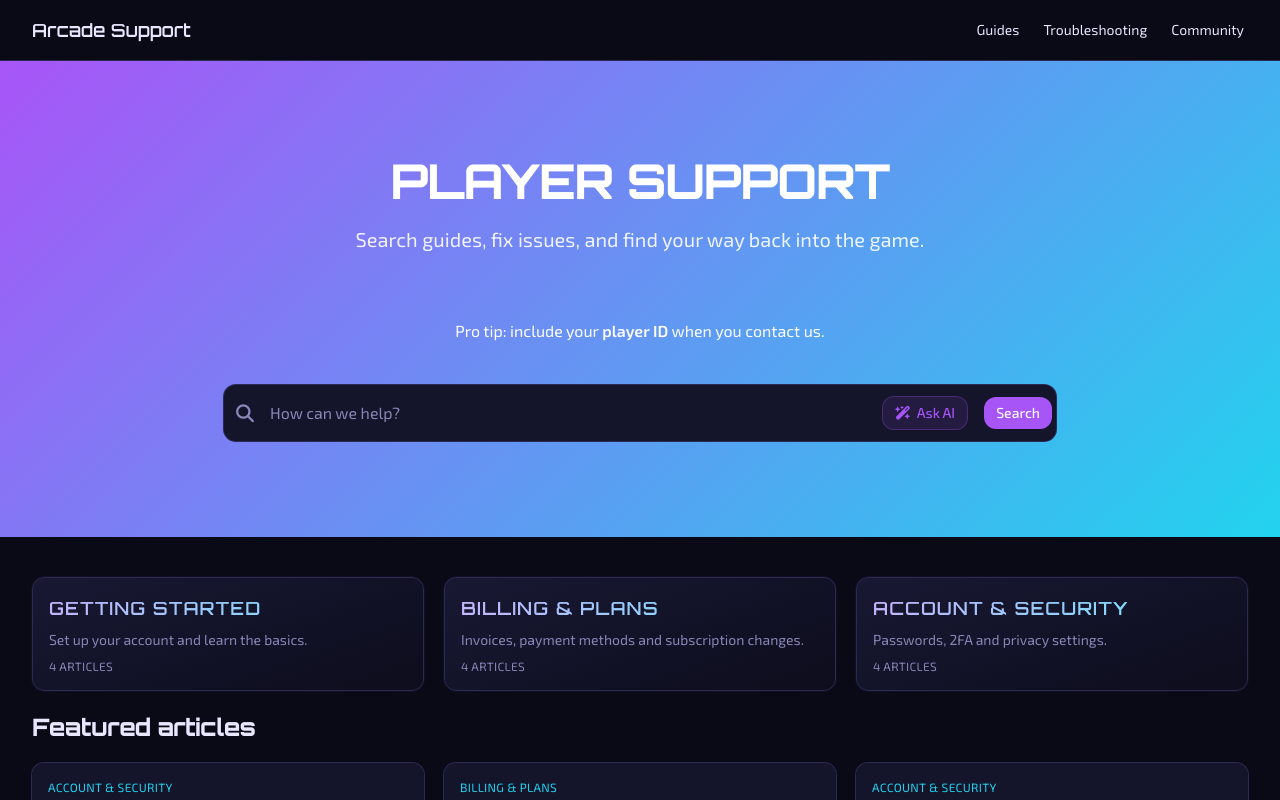 Arcade (Gaming) help center template preview