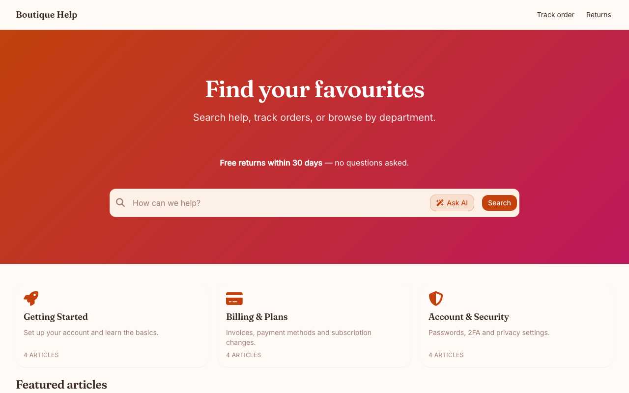Boutique (Retail) help center template preview